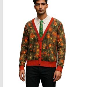 Ugly Christmas T-Shirt Men Sz L Holiday NEW Faux Cardigan With Tie Long Sleeve